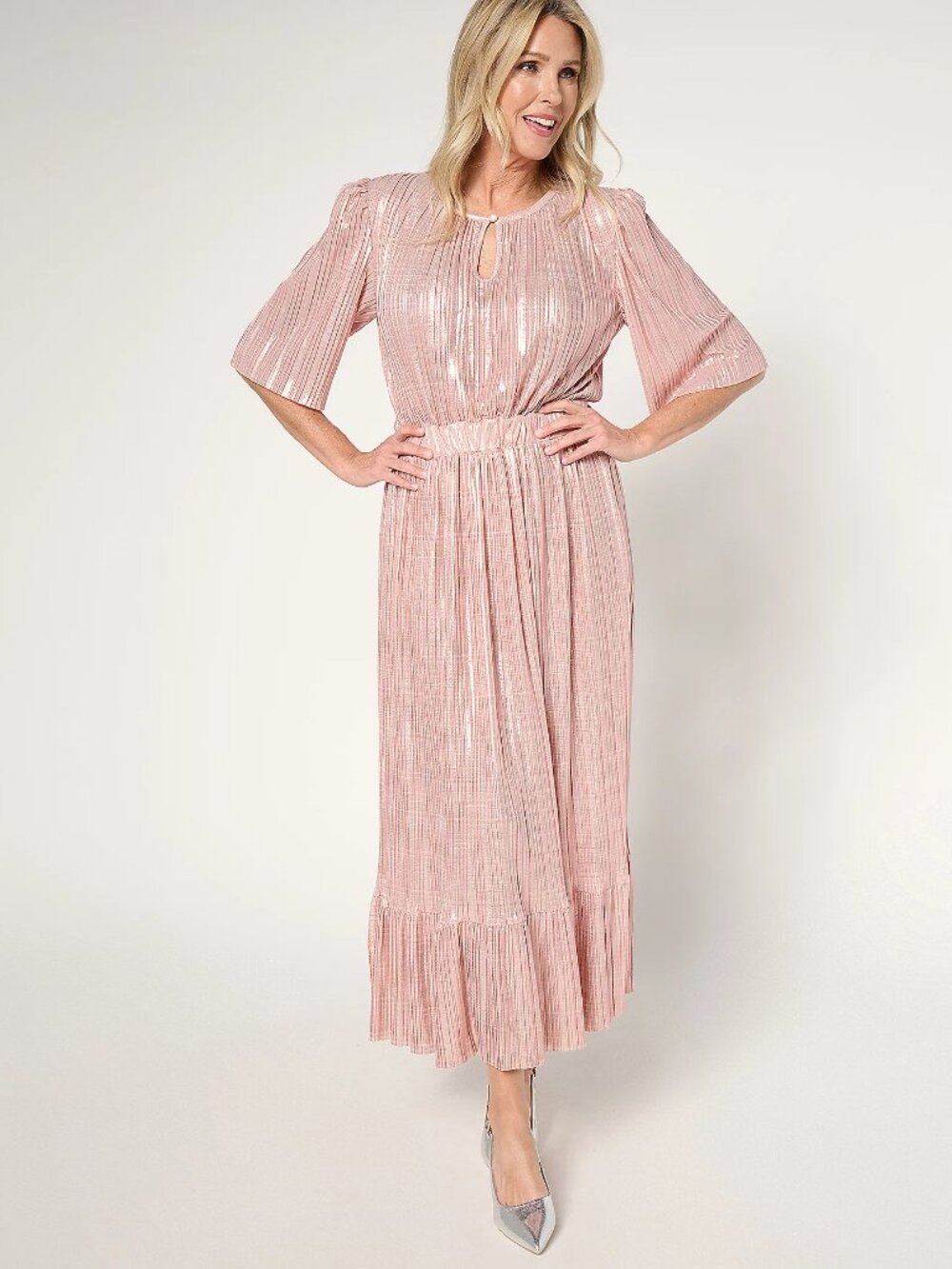 by Stacy London Petite Metallic Plisse Pleated Midi Dress, Primrose Sz PM a67133